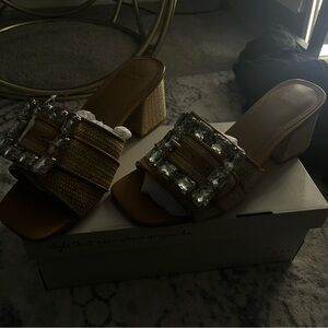 Tan Embellished Block-Heel Slide Mules